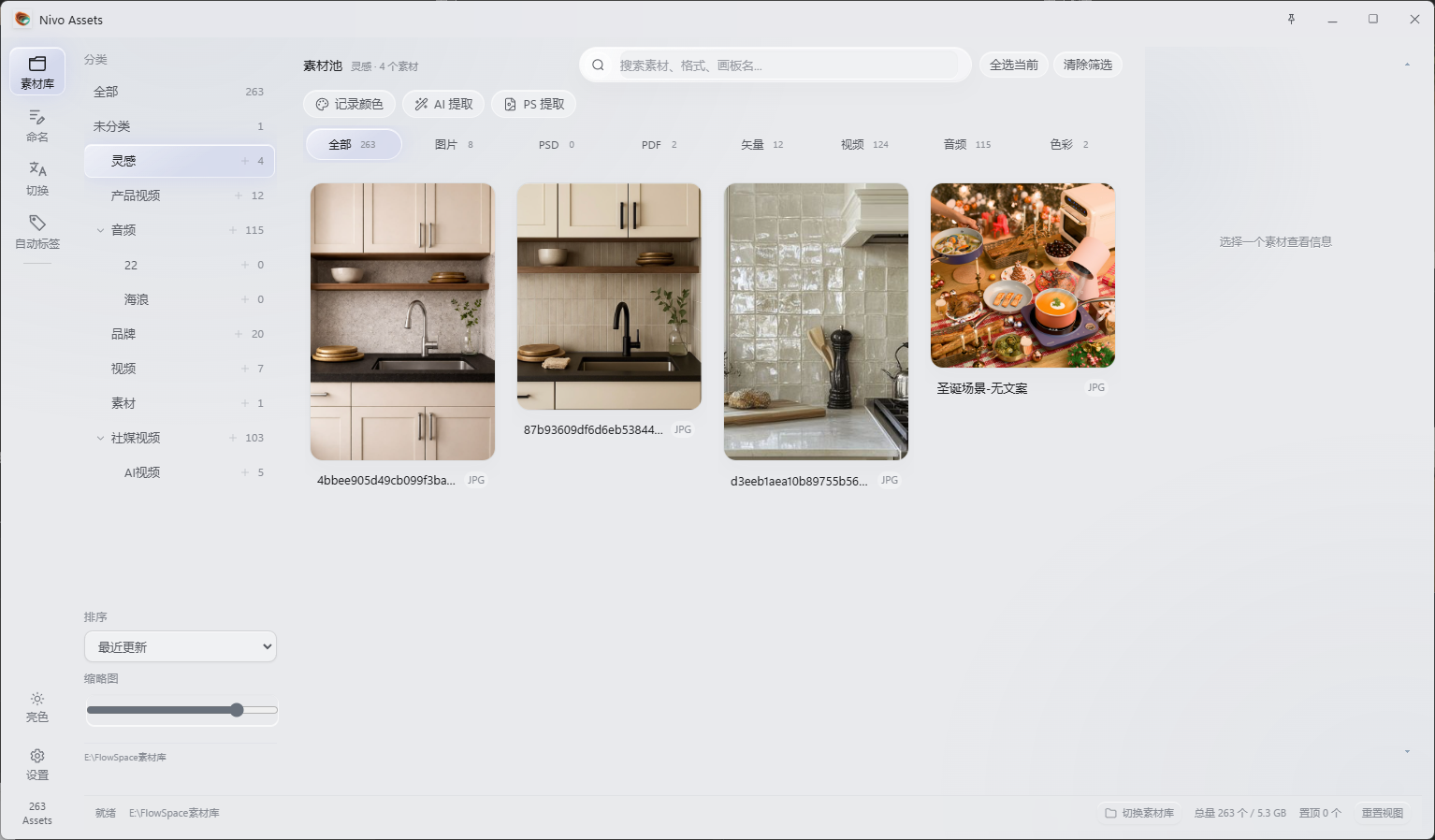 Nivo Assets 浅色界面的素材分类与搜索